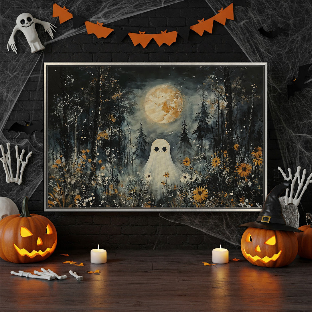 Framed Wall Art: Spooky forest scene with a ghost, dark blues, greens, and orange accents. Perfect Halloween decor!