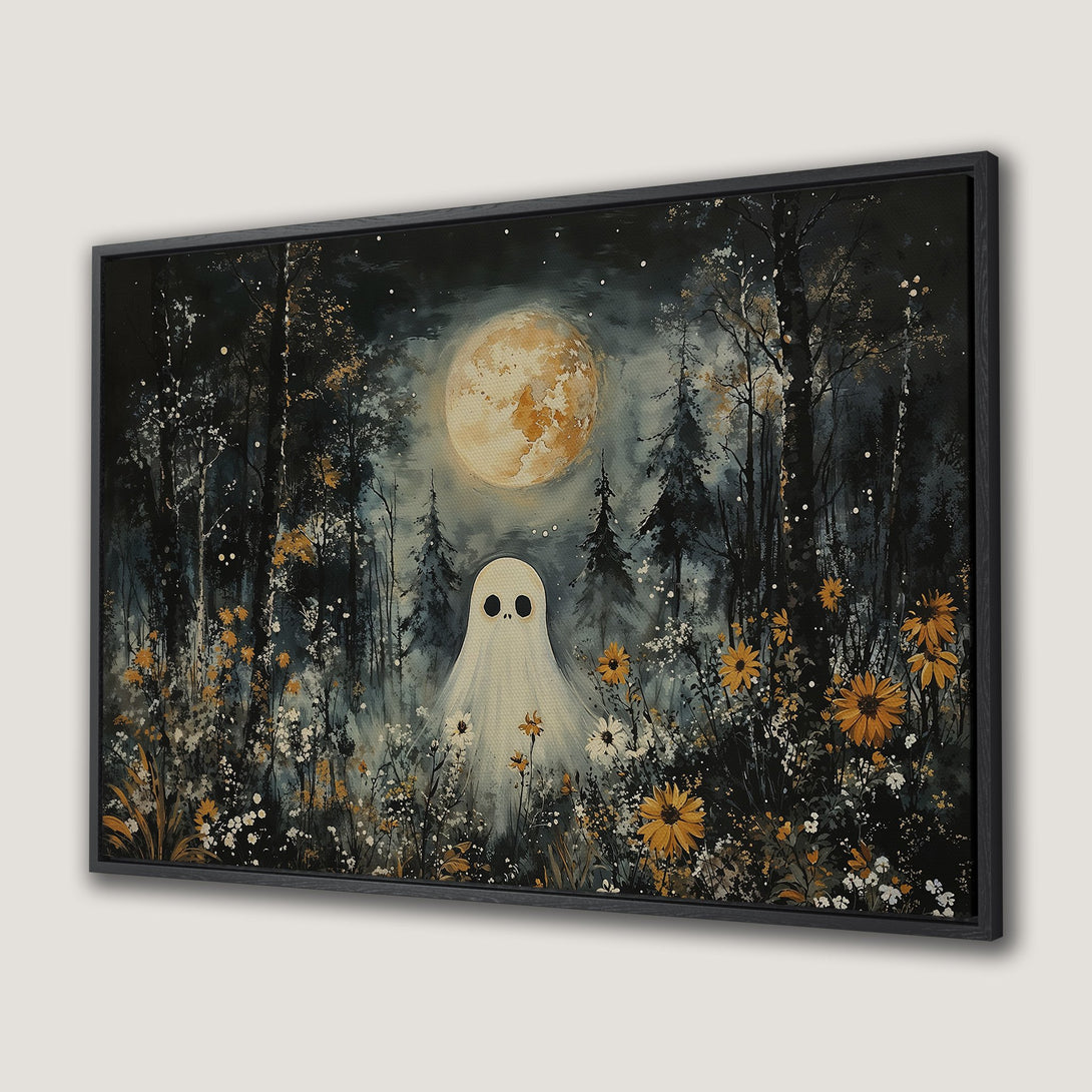 Framed Wall Art featuring a whimsical ghost in a forest scene. Dark, moody color palette with pops of yellow and white. Perfect Halloween decor!