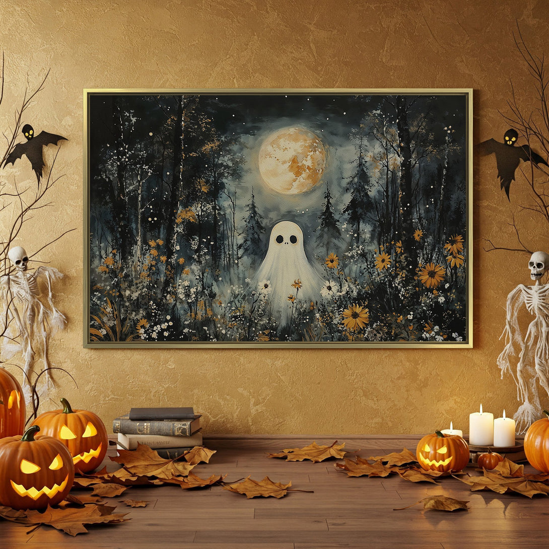 Halloween Canvas Print featuring a spooky forest scene in a dark, moody palette with orange and black accents. Perfect for seasonal decor!