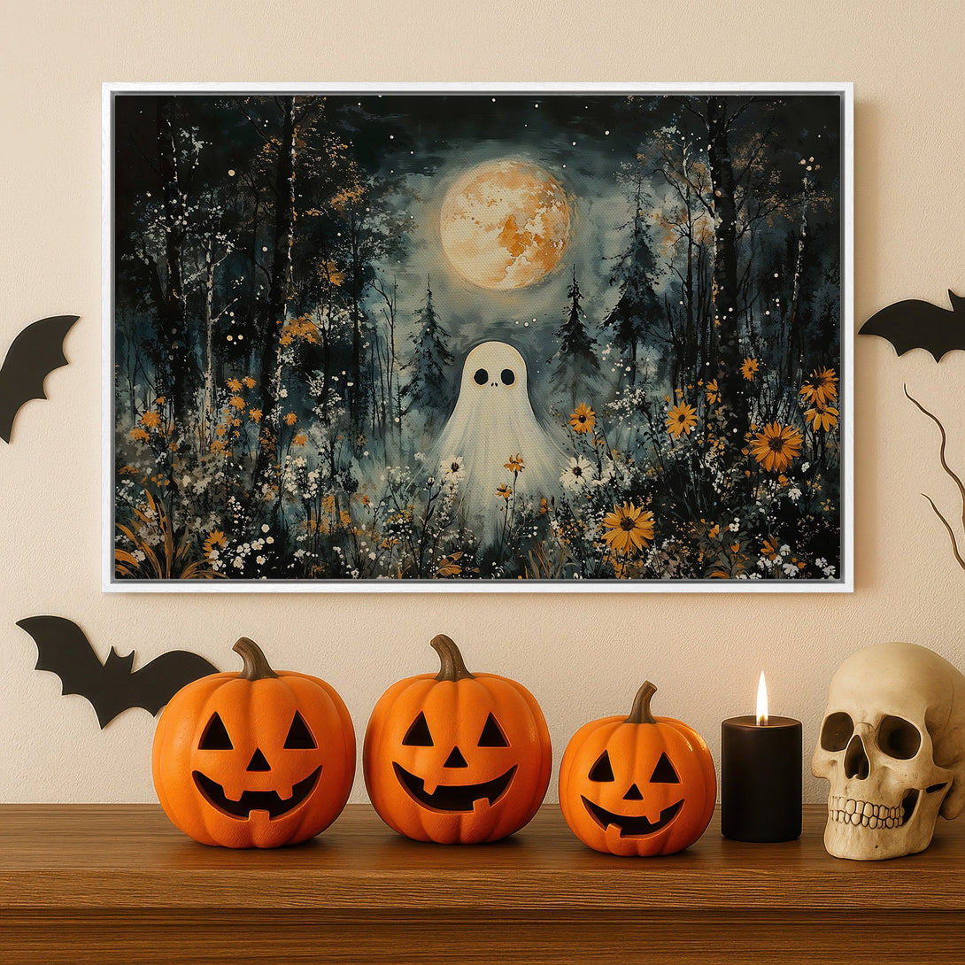 Framed Wall Art: Spooky ghost in a forest scene with a full moon. Dark, moody color palette with pops of orange and white. Perfect Halloween decor.