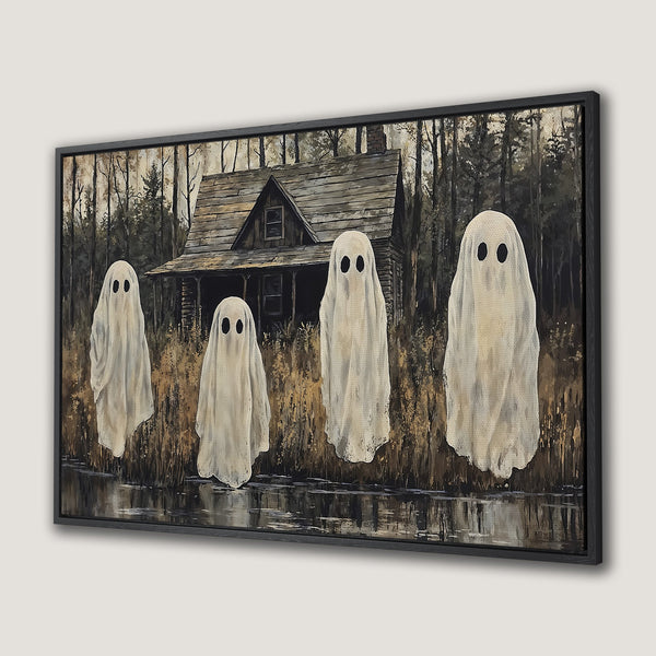 Framed Wall Art: Spooky ghost painting in muted tones. Features a cabin in the woods, perfect for Halloween decor. Adds a touch of eerie charm to any space.