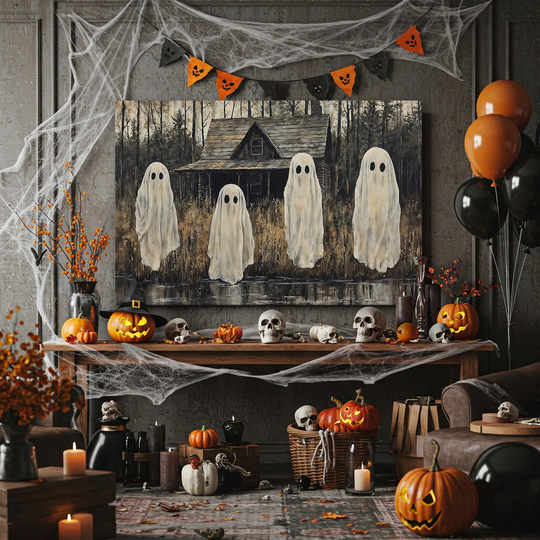 Framed Wall Art: Spooky Halloween scene with ghosts, cabin, and dark forest. Neutral color palette. Perfect for fall decor!