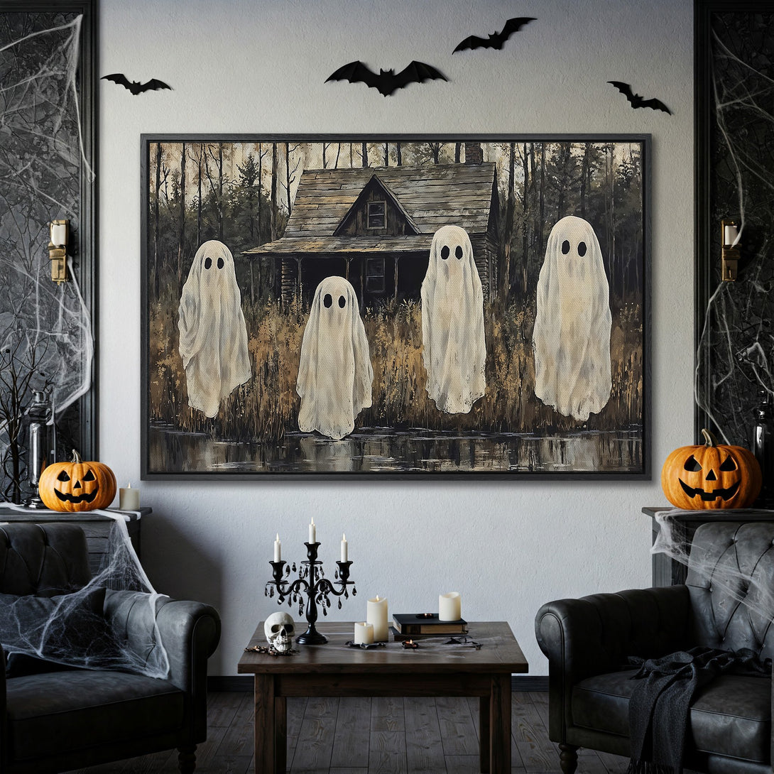 Framed Wall Art: Spooky Halloween scene with ghosts, cabin, and bats. Neutral color palette. Perfect for adding a touch of eerie charm to your home.