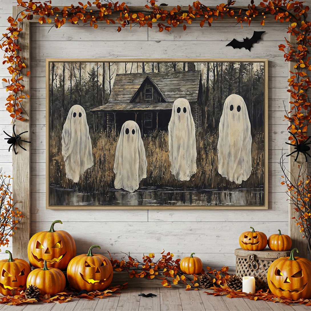 Framed Wall Art: Spooky ghost painting in neutral tones, perfect for Halloween decor. Rustic style with orange and brown accents.