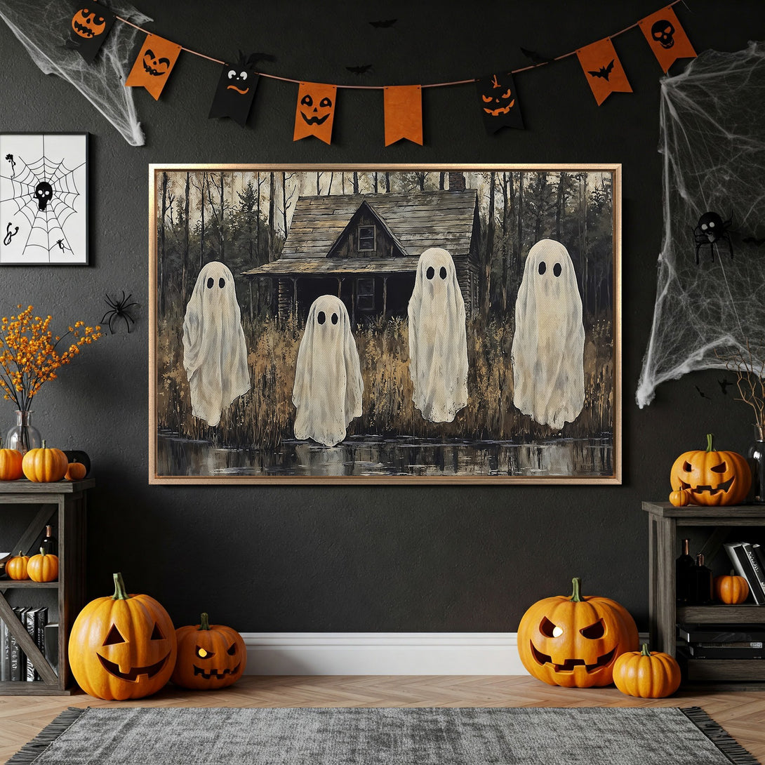 Framed Wall Art: Spooky ghost painting in a Halloween-themed interior. Featuring a muted color palette with orange and black accents, perfect for seasonal decor.