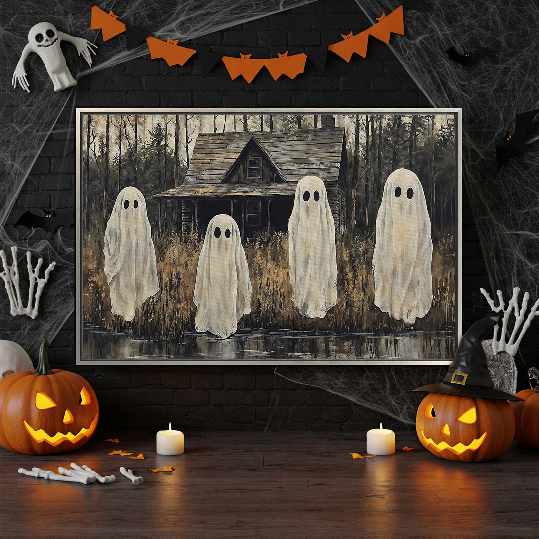 Framed Wall Art: Spooky Halloween scene with ghosts, cabin, and dark, earthy tones. Perfect for adding a touch of frightful charm to your home decor.