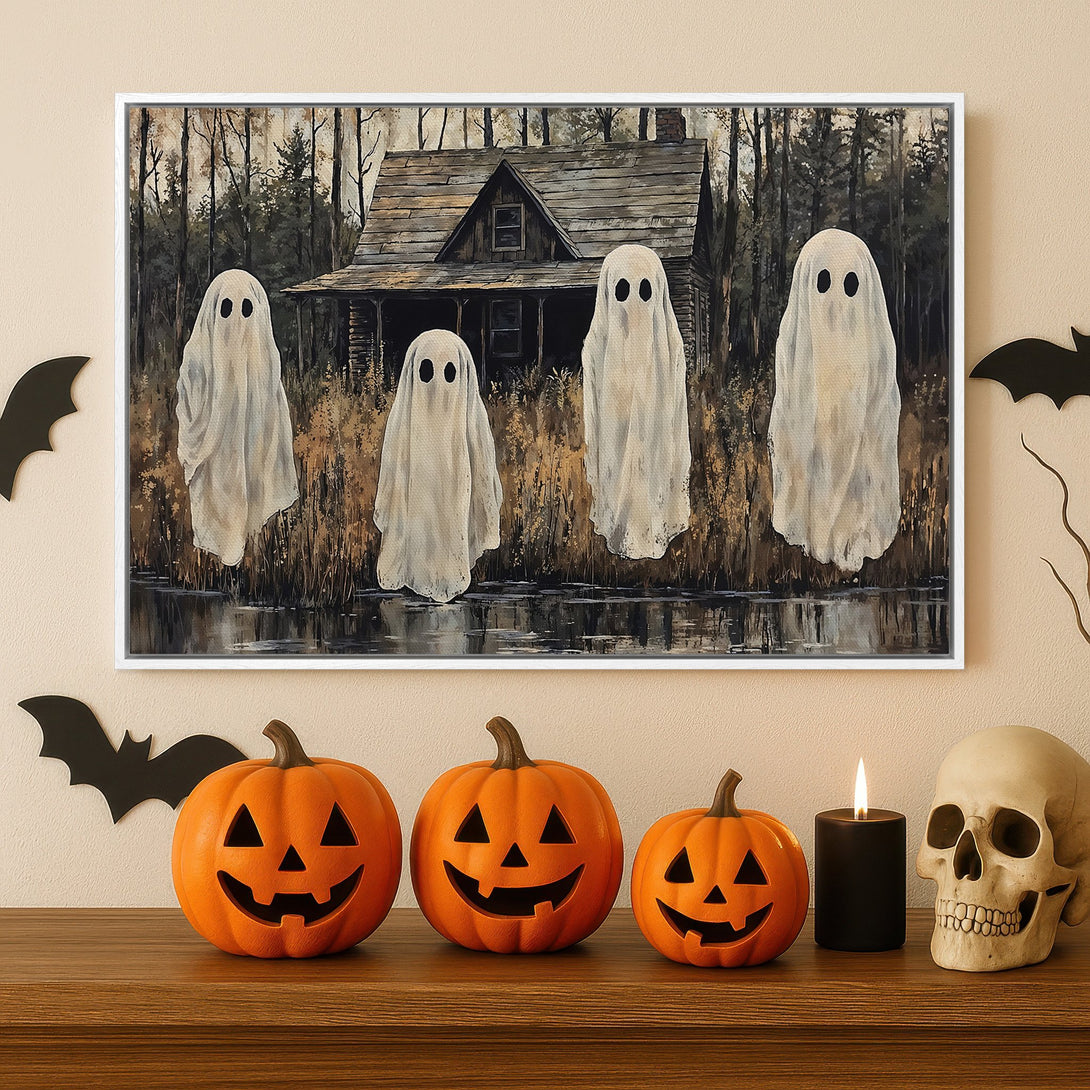 Framed Wall Art: Spooky Halloween ghosts in a rustic scene. Neutral color palette. Perfect for seasonal home decor. Add a touch of the eerie!