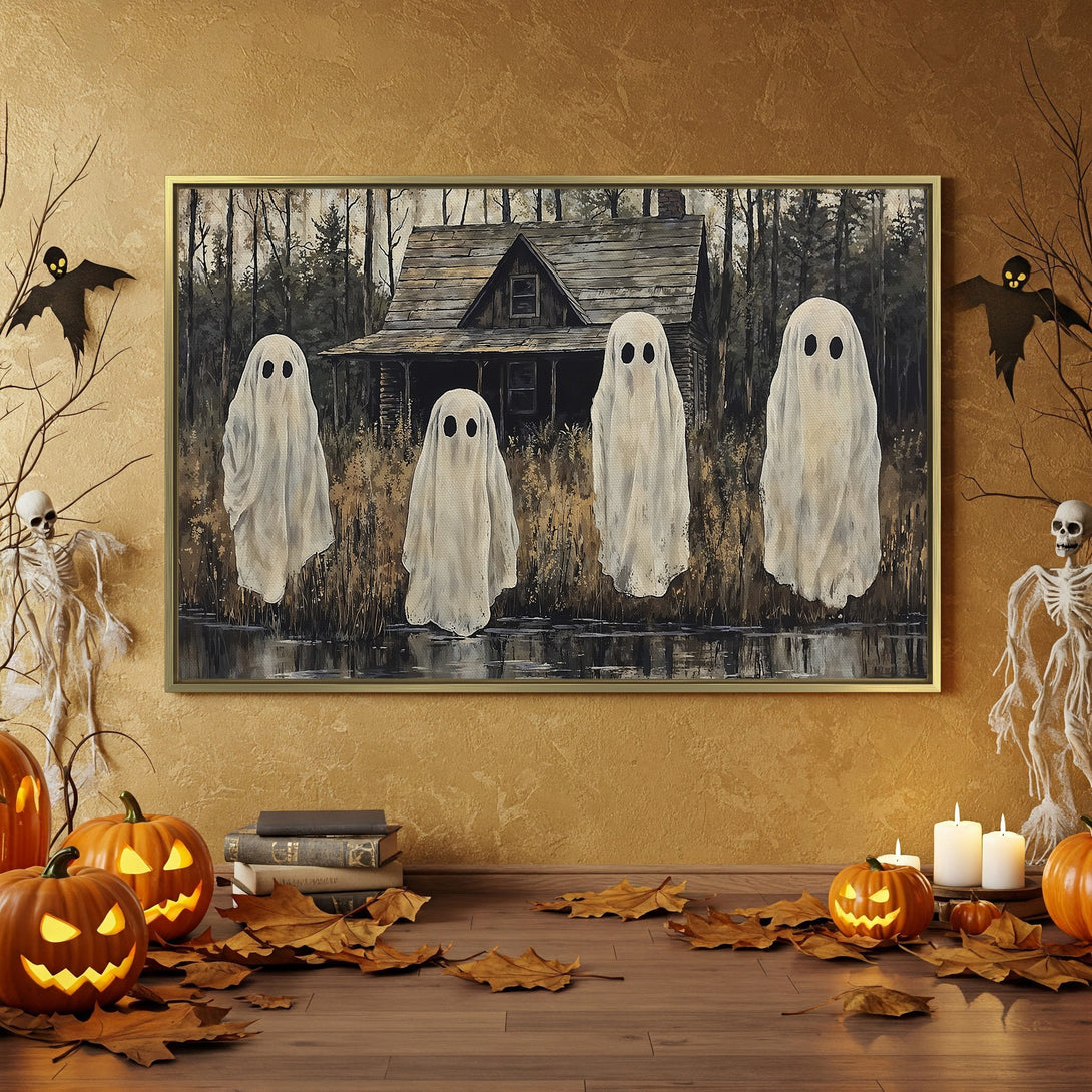 Canvas Print featuring spooky ghosts and a haunted house, perfect Halloween decor. Rustic style, with a dark, moody color palette of black, orange, and gray.