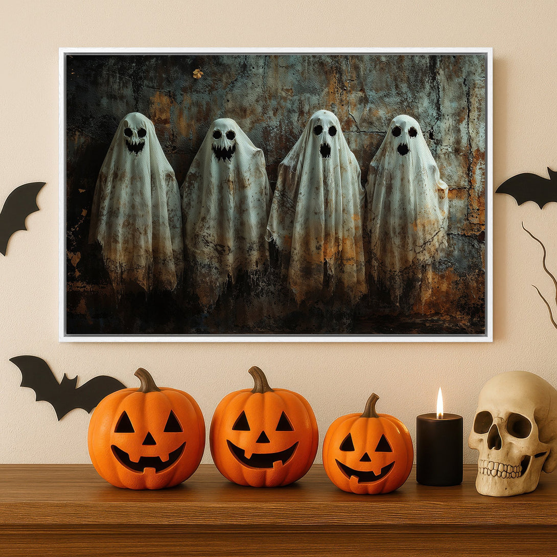 Framed Wall Art: Spooky Halloween ghost print in muted tones. Perfect for adding a touch of eerie charm to your home decor. Features a rustic, vintage style.