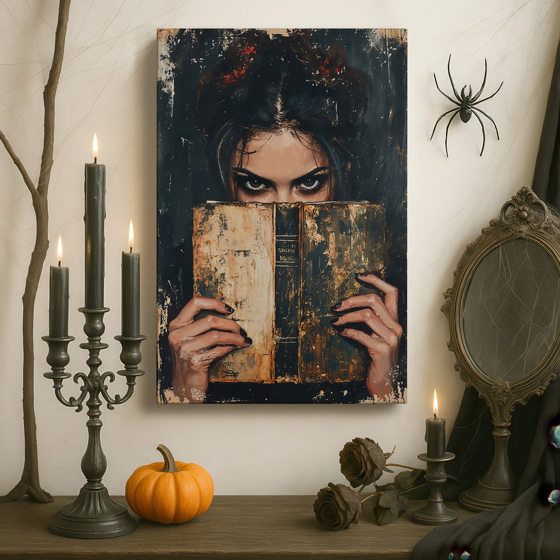 Framed Wall Art: Mysterious woman portrait in dark, moody style. Dramatic black, gold, and brick red color palette. Perfect for adding intrigue to any space.