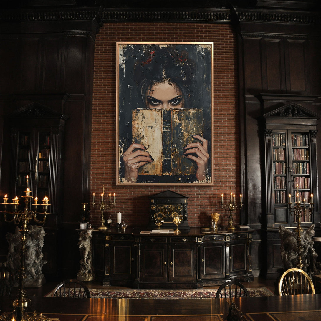 Framed Wall Art featuring a mysterious woman with dark eyes, holding an antique book. Gothic style with a moody, dark color palette. Perfect for a library.
