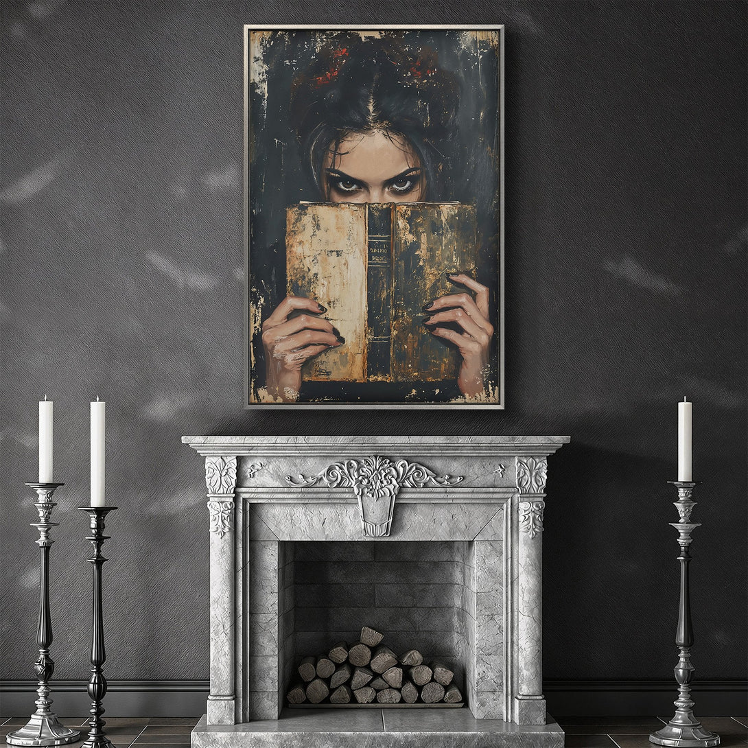 Framed Wall Art: Dark, gothic portrait of a woman peeking over a book, with a moody, dark color palette. Perfect for adding a touch of mystery.