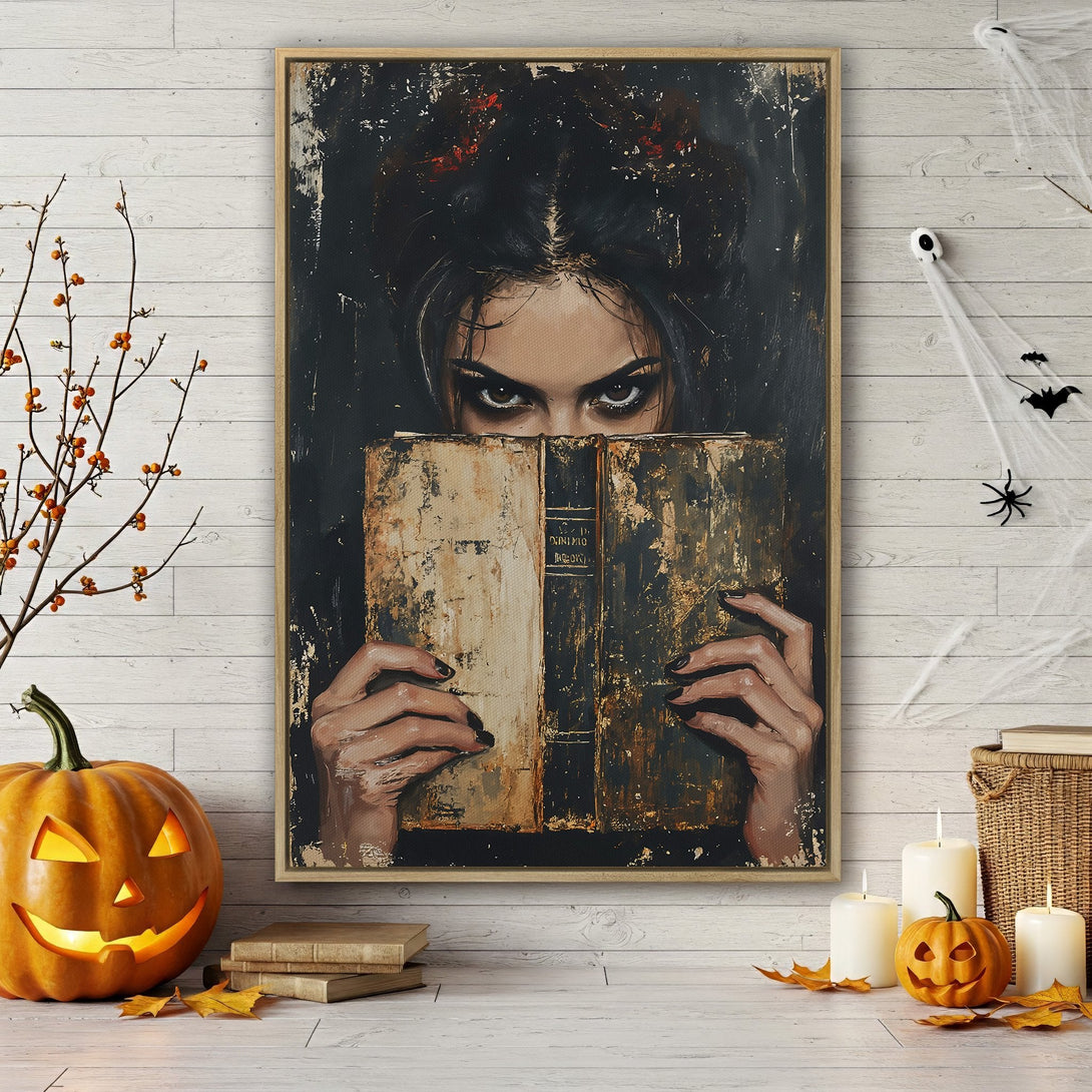 Framed Wall Art featuring a mysterious woman with intense eyes, holding a vintage book. Dark, moody color palette, perfect for Halloween decor.