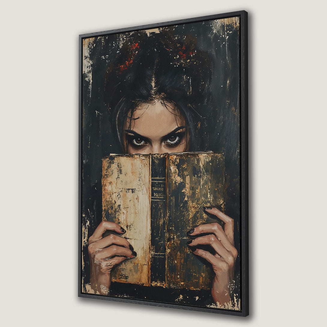 Framed Wall Art: Dark, gothic portrait of a woman peeking over a book. Moody, artistic style with a black, gold, and brown color palette. Perfect for a dramatic interior.