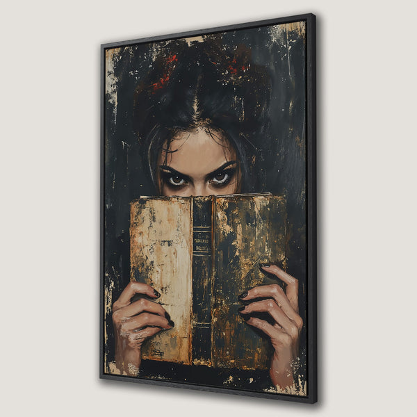 Framed Wall Art: Dark, gothic portrait of a woman peeking over a book. Moody, artistic style with a black, gold, and brown color palette. Perfect for a dramatic interior.