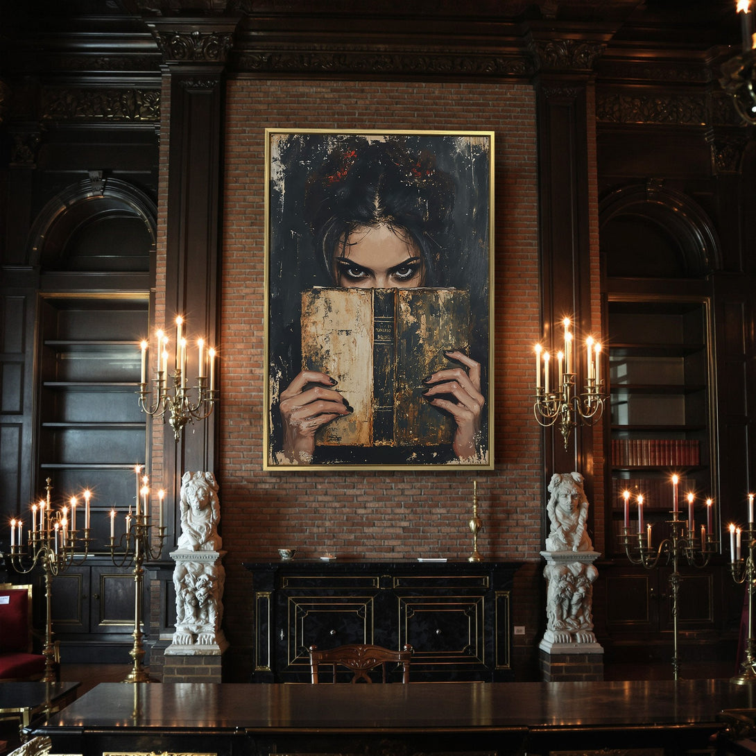 Canvas Print: Dark art portrait of a woman with a book. Moody, gothic style with a black, brown, and gold color palette. Perfect Halloween decor.
