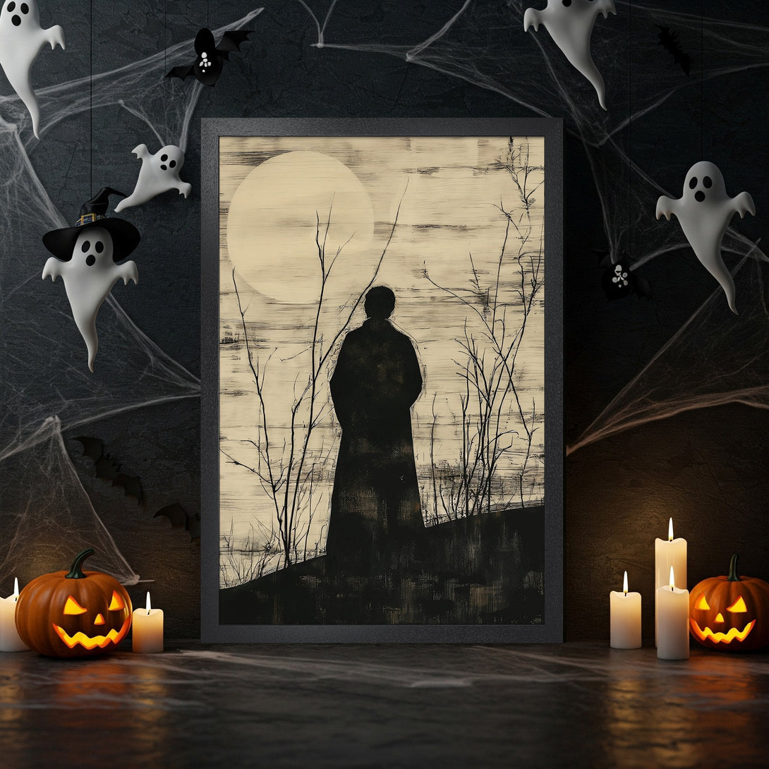 Framed Poster featuring a silhouette in a monochrome, minimalist style. Perfect Halloween decor with a neutral color palette.