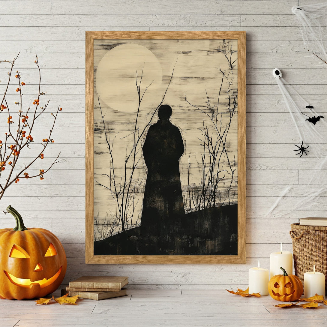 Framed Poster featuring a mysterious figure in a minimalist, sepia-toned style. Perfect Halloween decor! Add spooky art to your walls.