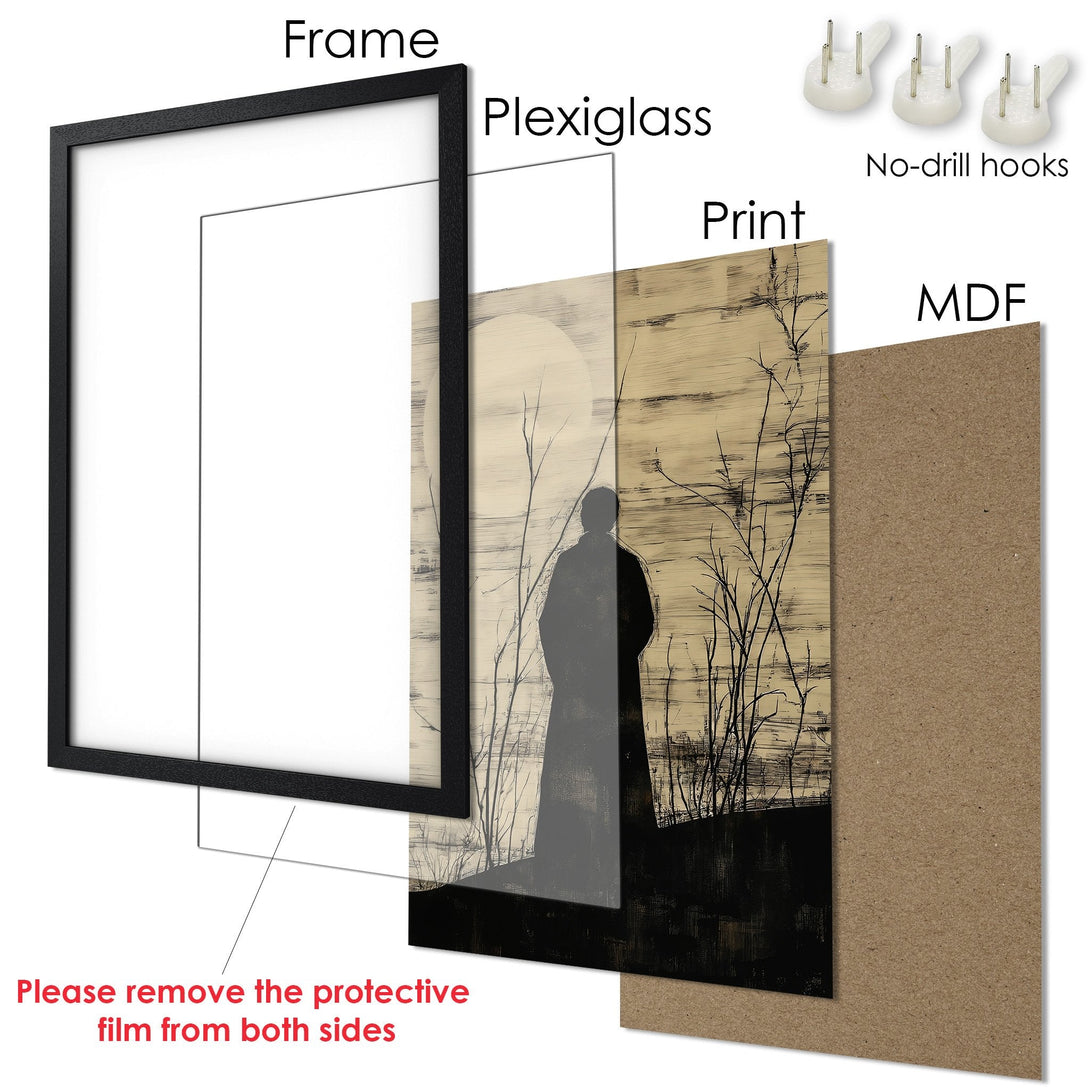 Framed Poster featuring a figure in a minimalist, black and beige style. Perfect wall art for any room!