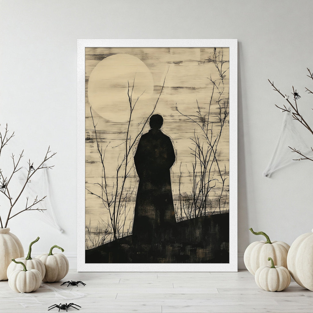 Framed Poster: Silhouette art in black & beige. Moody, minimalist style. Perfect Halloween decor! Get your art poster today.