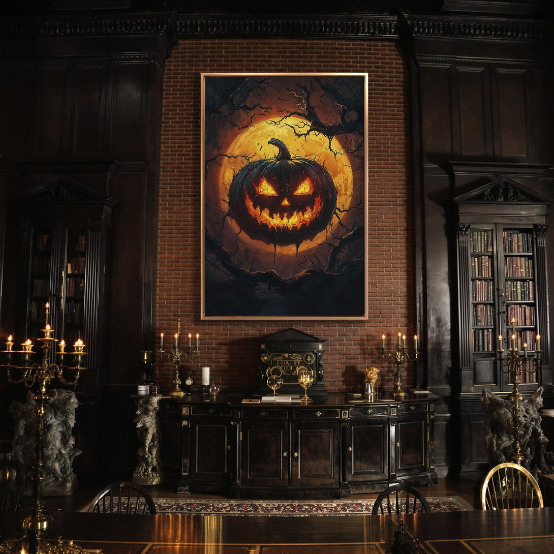 Framed Wall Art: Spooky Halloween pumpkin art with a glowing face, set against a moonlit sky. Dark, moody color palette perfect for a haunted house vibe.