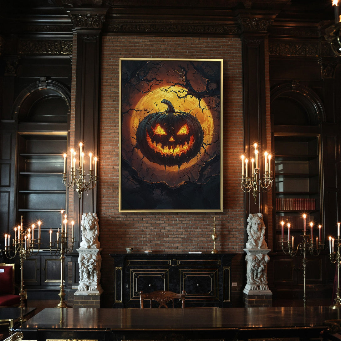 Canvas Print: Spooky Halloween art featuring a glowing jack-o'-lantern against a dark, orange backdrop. Perfect for seasonal decor!