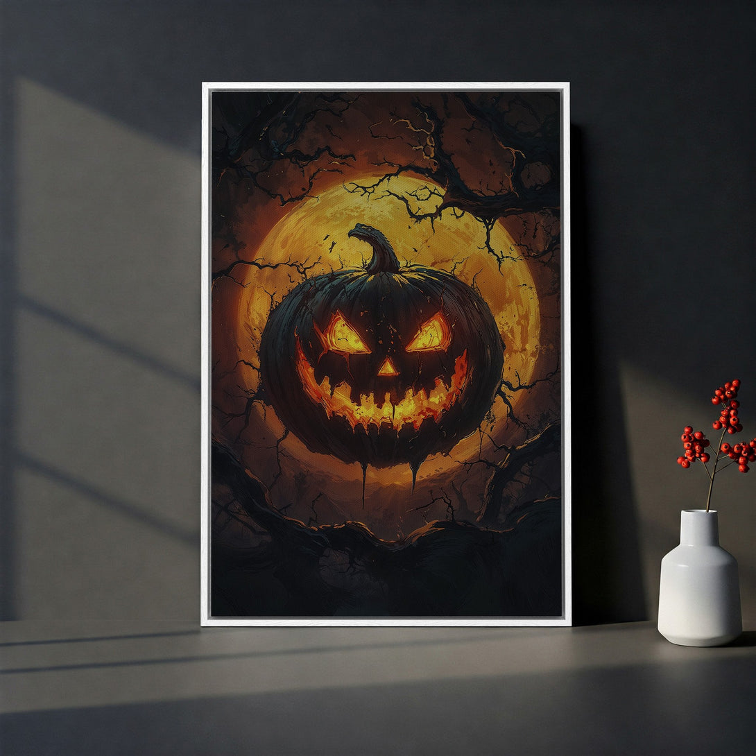 Framed Wall Art: Spooky Halloween pumpkin art in warm orange and black tones. Perfect for Halloween decor! Add a touch of fright to your home.