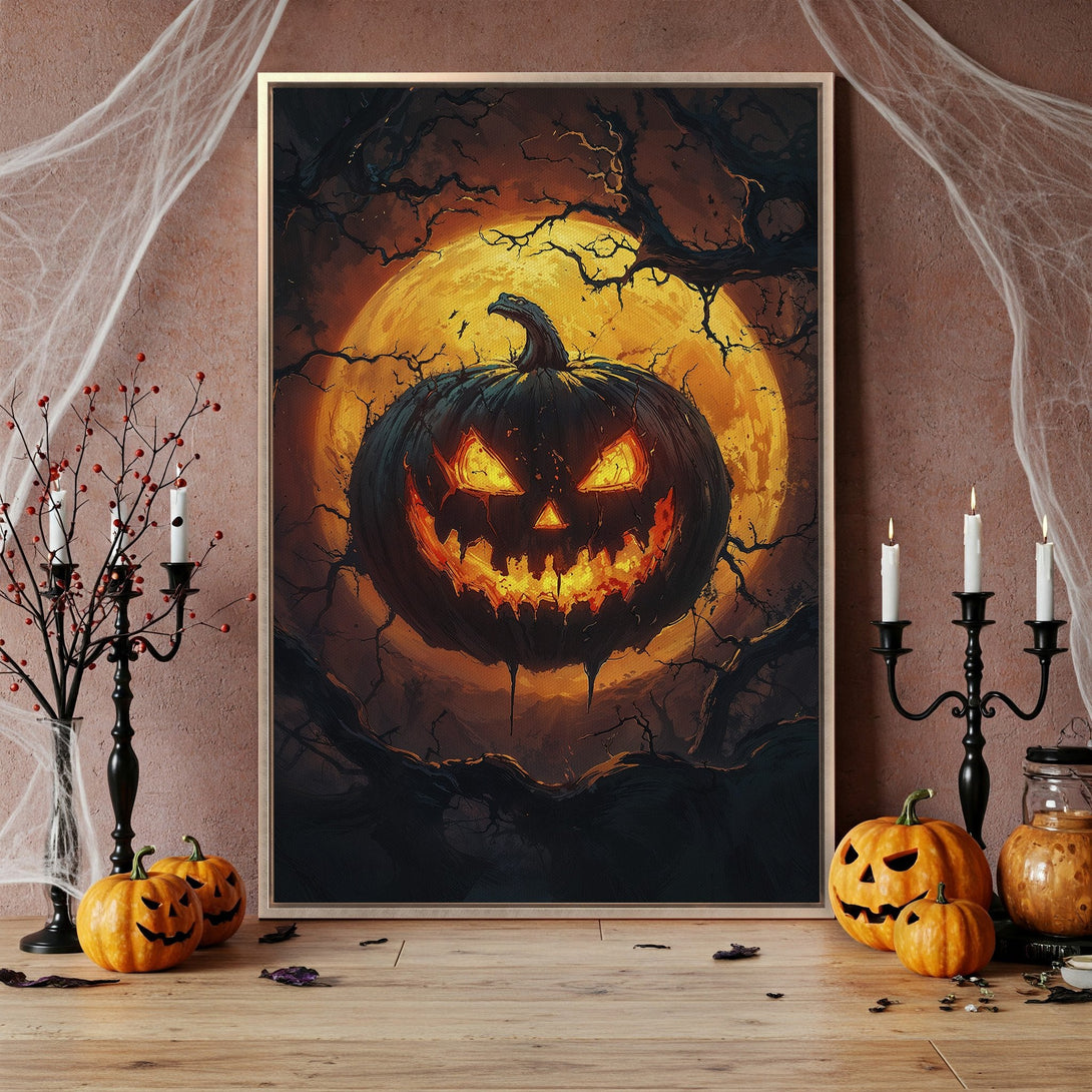 Framed Wall Art featuring a spooky jack-o'-lantern against a glowing moon. Dark, dramatic artwork with orange and black color palette. Perfect Halloween decor.