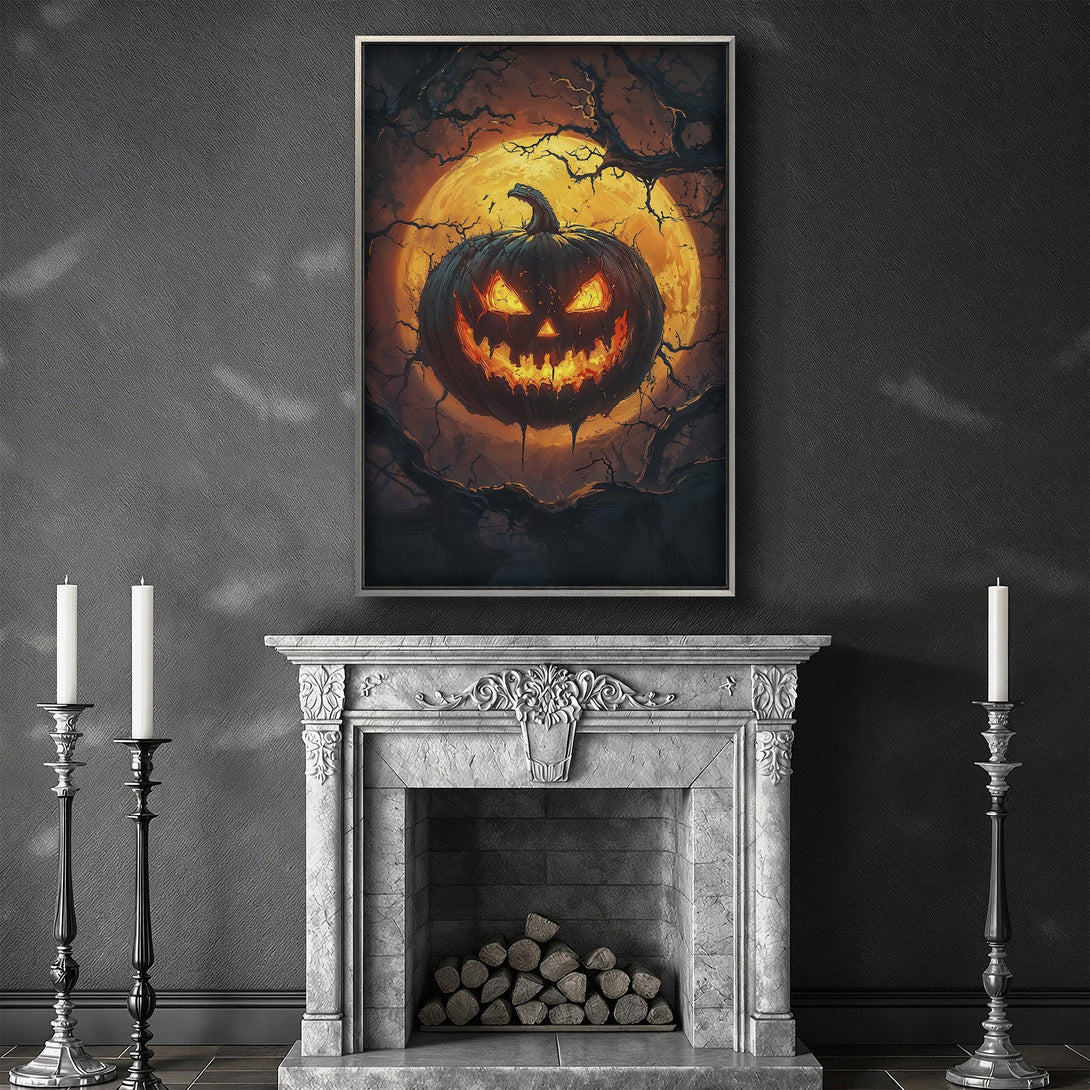 Framed Wall Art: Spooky Halloween pumpkin art in warm orange & black tones. Perfect for adding a touch of eerie elegance to your home decor.