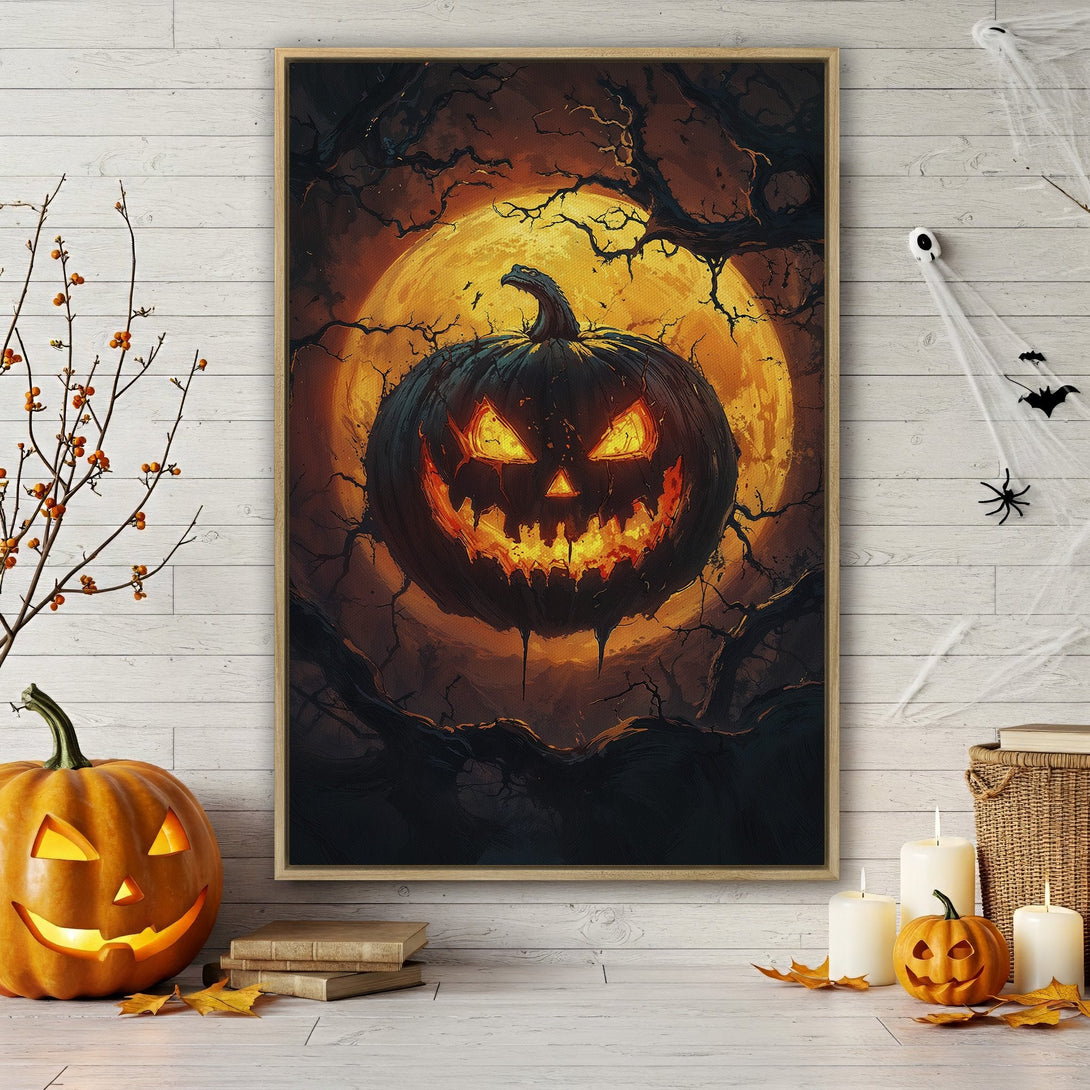 Framed Wall Art: Spooky Halloween pumpkin against a full moon. Dark, dramatic art with warm orange and black color palette. Perfect for fall decor.