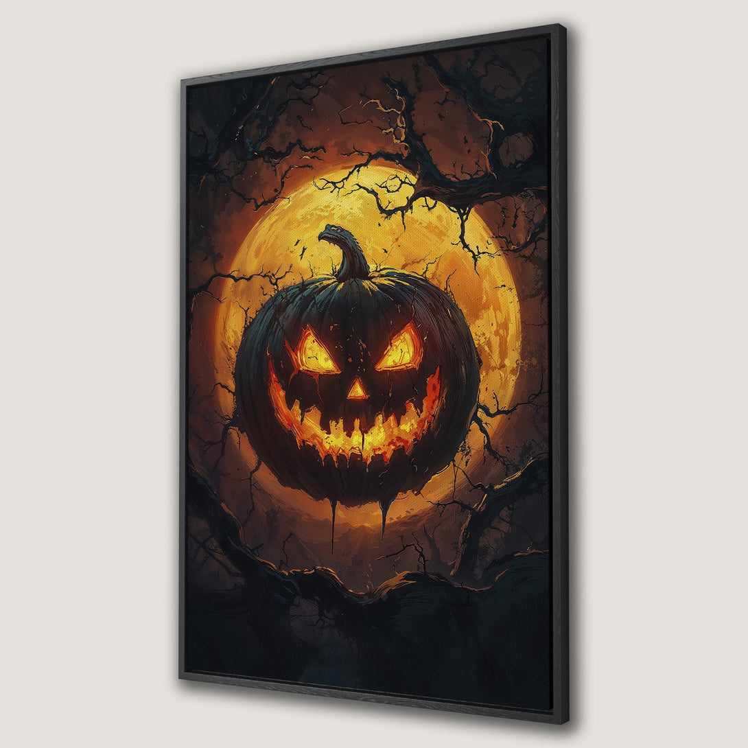 Framed Wall Art: Spooky Halloween pumpkin against a full moon. Dark, dramatic art with orange and black tones. Perfect for seasonal decor.