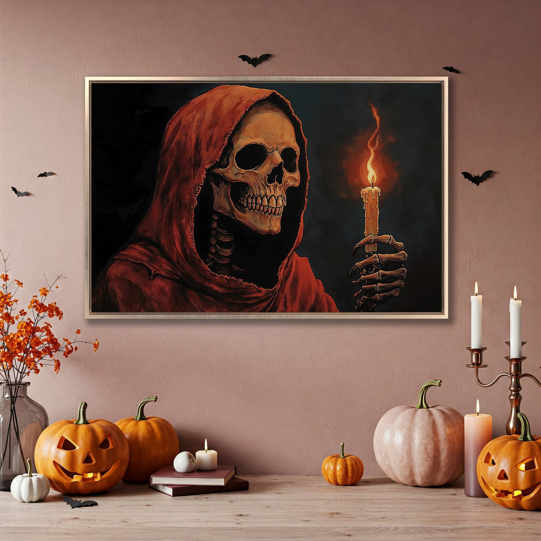 Framed Wall Art: Spooky skeleton holding candle in a red hooded robe. Dark, gothic art with warm orange and black color palette. Perfect Halloween decor.