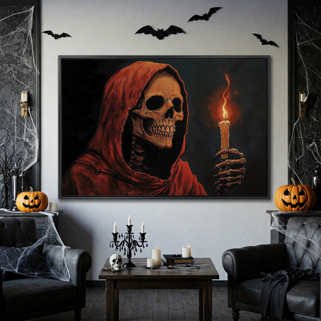 Framed Wall Art: Spooky skeleton with candle in a red hood. Gothic style, dark color palette perfect for Halloween decor.