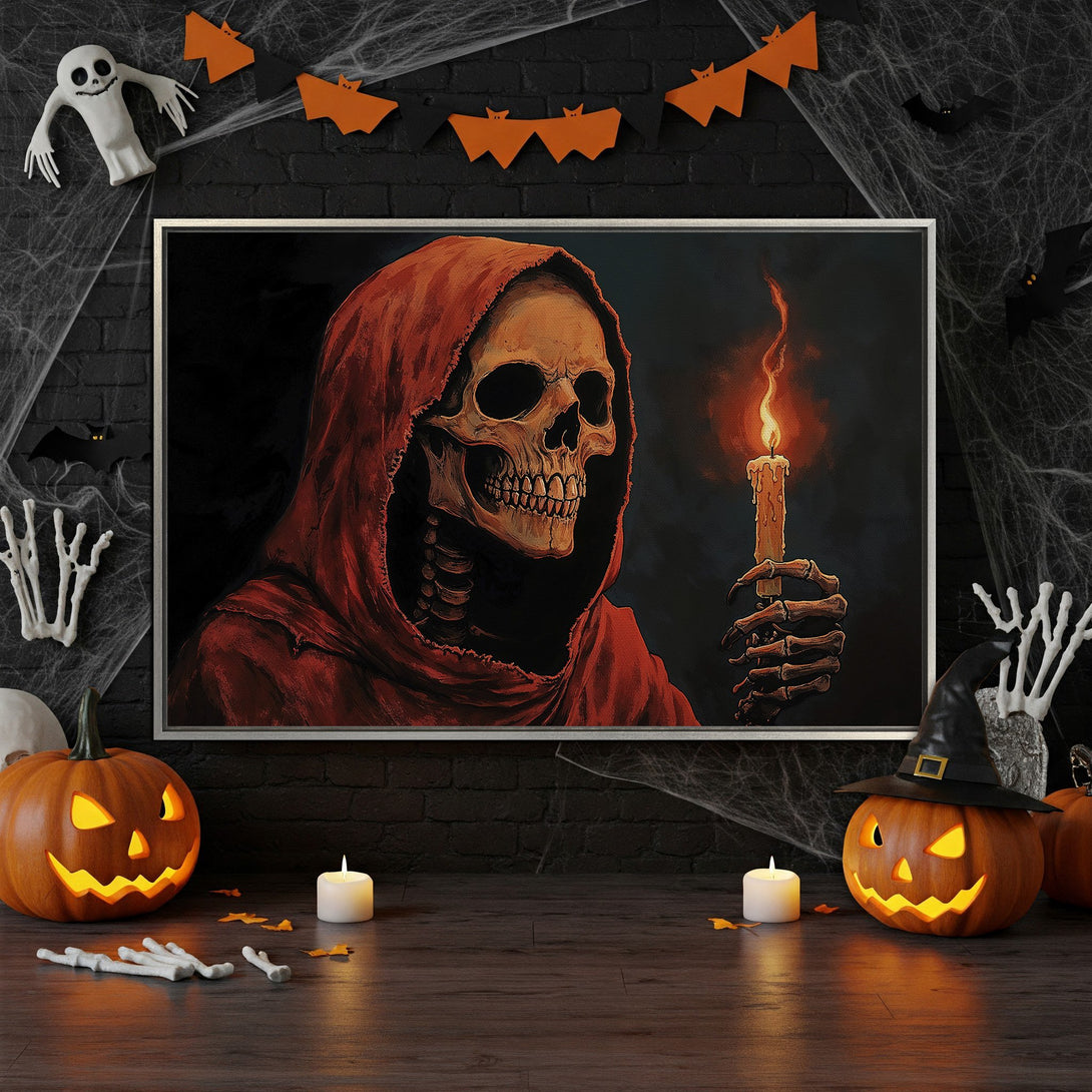 Framed Wall Art: Spooky skull with candle in a red hood, dark & moody Halloween decor. Perfect for adding a gothic touch to your home!