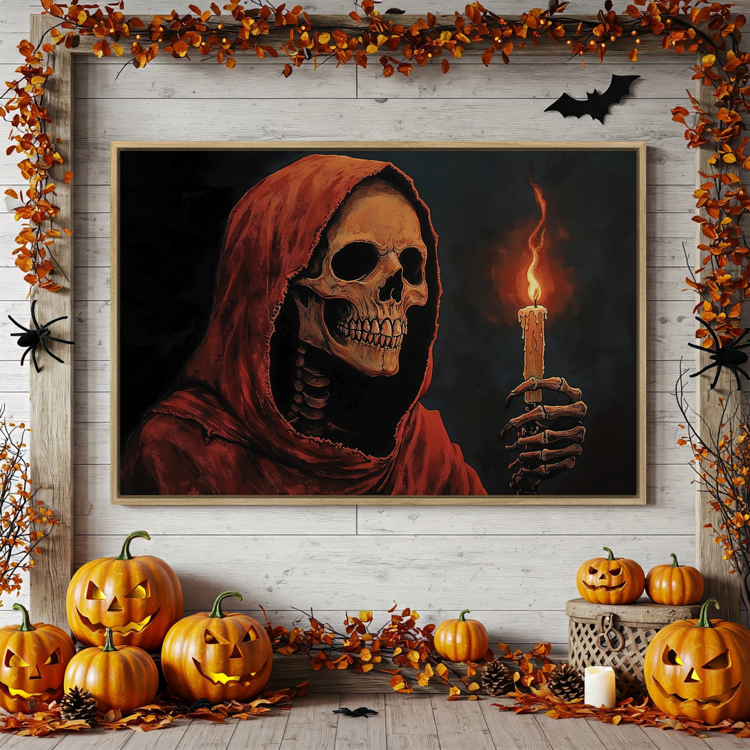 Framed Wall Art: Spooky skull with candle, gothic style, rich red and black palette, perfect for Halloween decor.