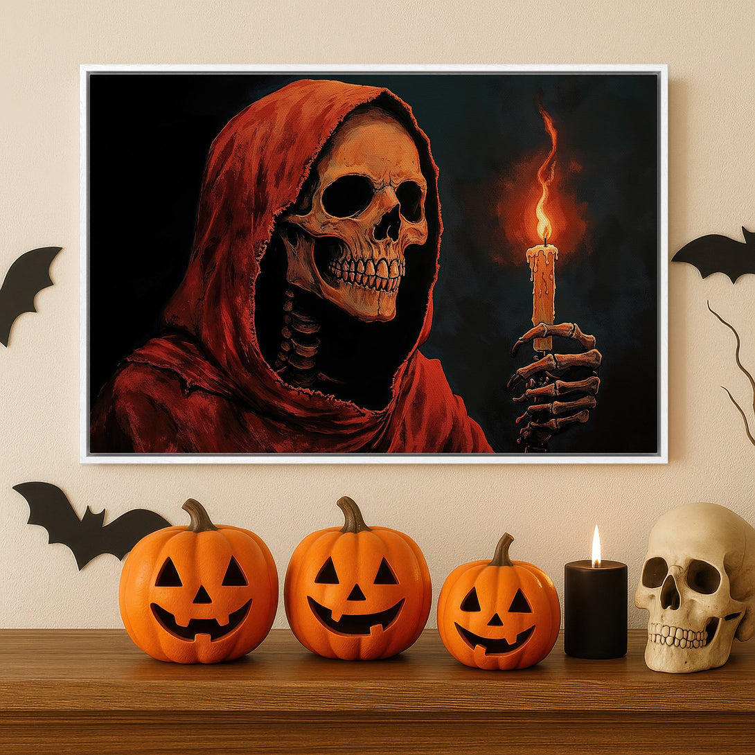 Framed Wall Art: Spooky Halloween canvas print featuring a skull in a red hood holding a candle. Dark, dramatic color palette perfect for seasonal decor.