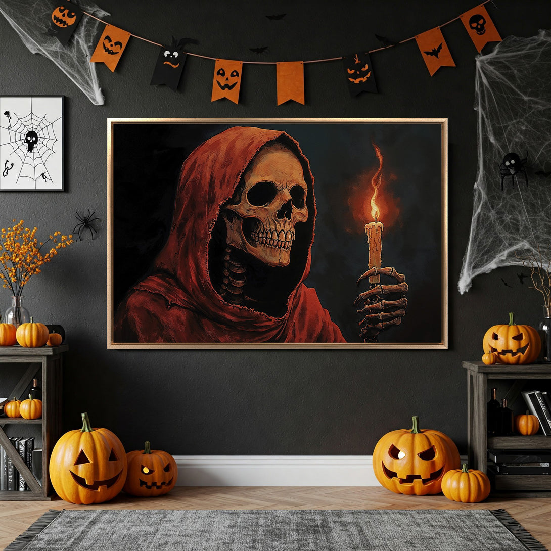 Framed Wall Art featuring a spooky skeleton in red robes, holding a candle. Dark, moody color palette perfect for Halloween decor.