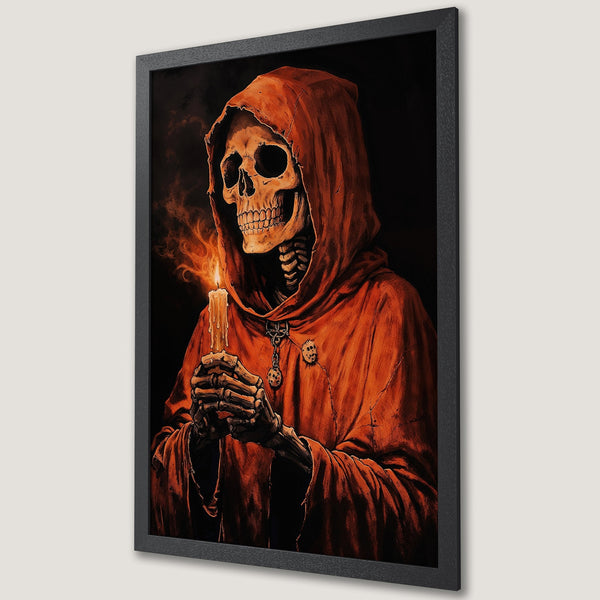 Framed Poster featuring a skeleton in a red robe holding a candle. Dark, gothic style with a warm orange and black color palette. Perfect for Halloween decor.