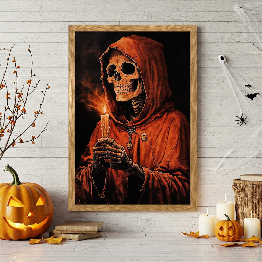 Framed Poster featuring a skeleton in a red robe, holding a candle. Gothic style, warm orange and black color palette, perfect Halloween decor.