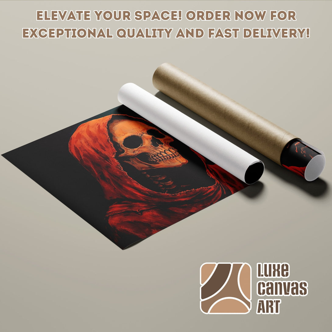 Poster Roll featuring a skull in a red cloak, dark and dramatic art style. Rich red and black color palette.