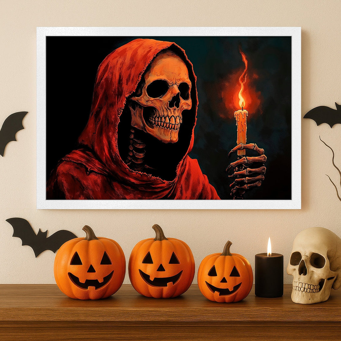 Framed Poster featuring a spooky skeleton in a red hood, holding a candle. Dark, artistic style with a red & black color palette. Perfect Halloween decor!
