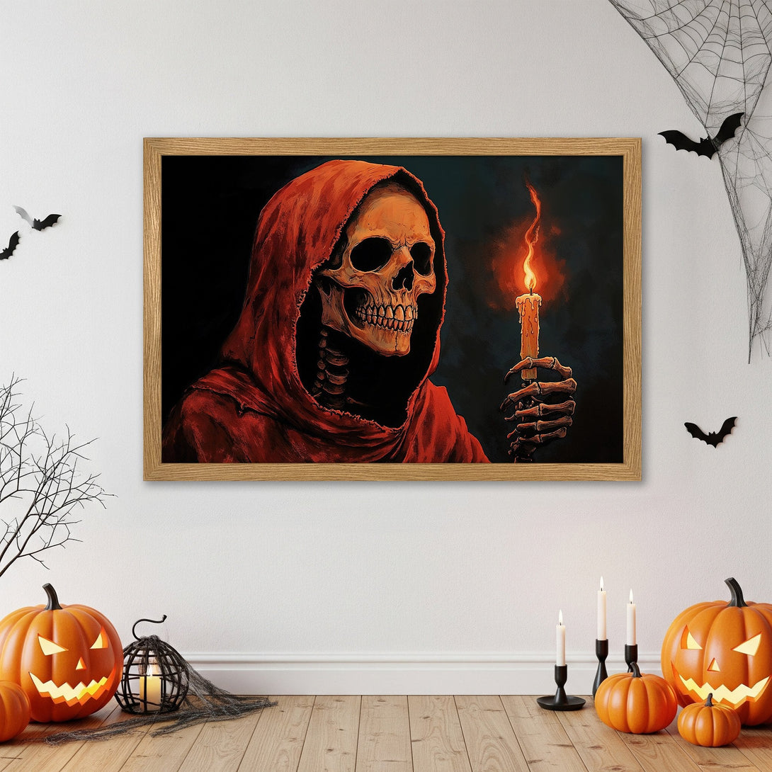 Framed Poster featuring a skeleton in a red hood, holding a candle. Dark, spooky style with a red and black color palette. Perfect Halloween decor!