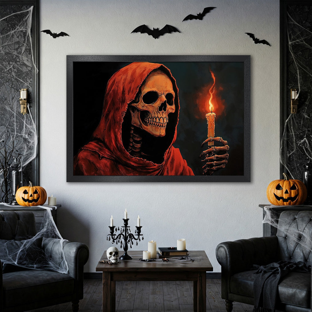 Framed Poster: Spooky skeleton art in red & black. Perfect Halloween decor! Get your art print or poster today.