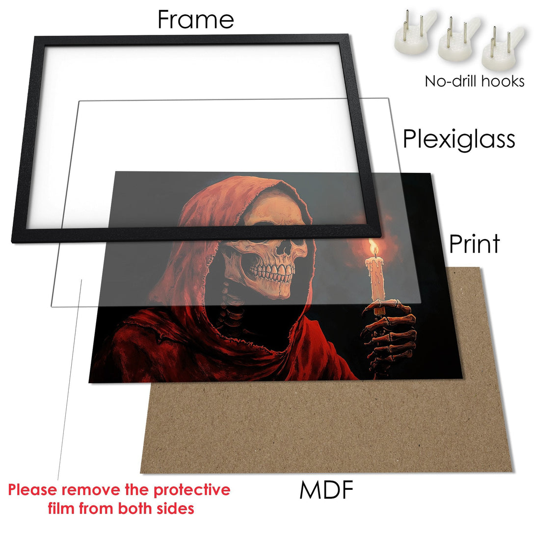 Framed Poster featuring a skull in red and black. Gothic art print with a dark, moody color palette. Perfect for Halloween decor.