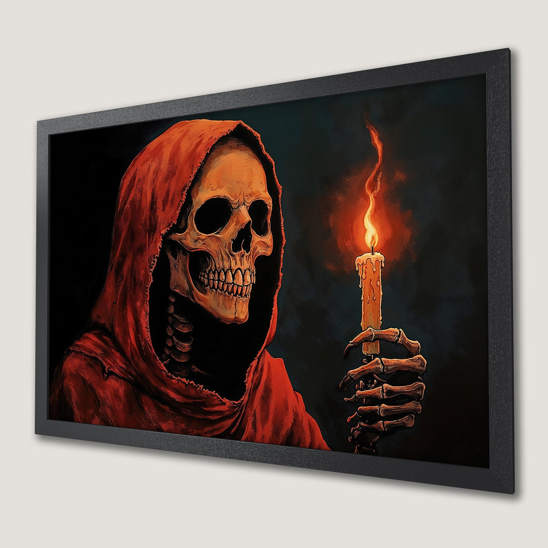 Framed Poster featuring a skeletal figure in red, holding a candle. Dark, gothic art style with a warm, orange and black color palette.