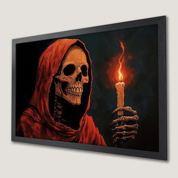Framed Poster featuring a skeletal figure in red, holding a candle. Dark, gothic art style with a warm, orange and black color palette.