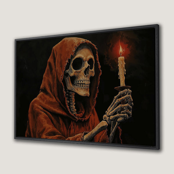 Framed Wall Art: Spooky skeleton holding candle, dark art in warm red and black tones. Perfect gothic decor for your home.