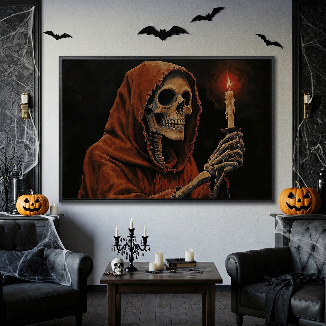 Framed Wall Art: Spooky Halloween skeleton holding candle, dark red and black color palette. Perfect gothic decor for your home.