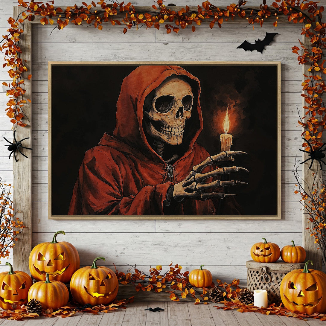 Framed Wall Art: Spooky skeleton in red cloak holding candle. Dark, moody artwork with warm orange and black color palette, perfect for Halloween decor.