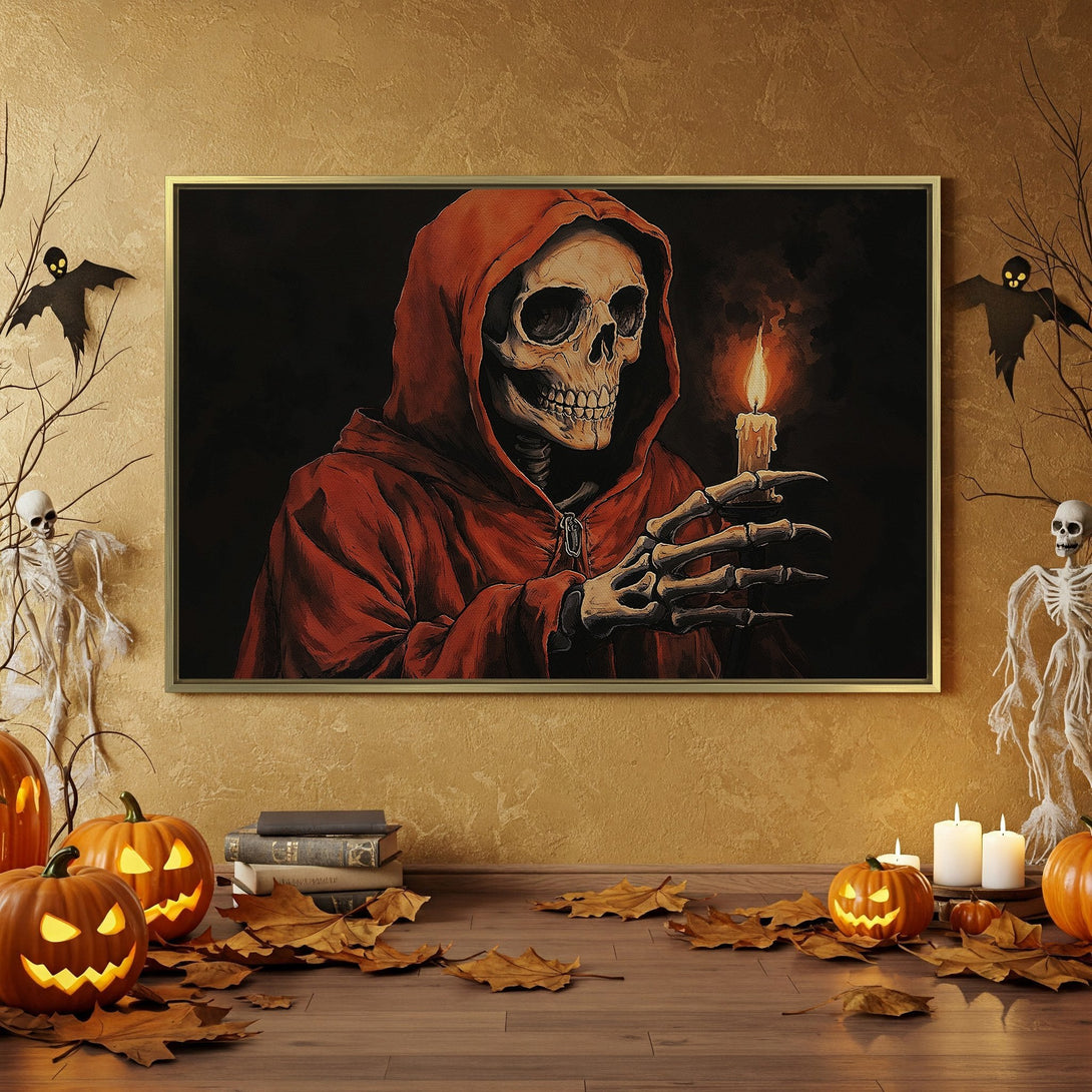 Canvas Print: Spooky Halloween art featuring a hooded skeleton holding a candle, dark and moody color palette, perfect for seasonal decor.